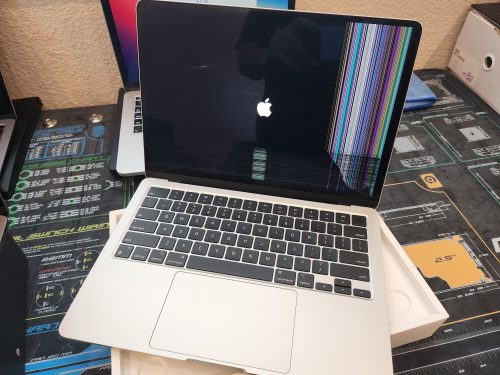 MacBook Air with a cracked, lined screen in for MacBook screen repair in Manor, TX