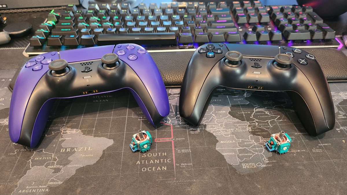 Two PS5 DualSense controllers with drift-proof Hall-effect joysticks at Device Hero in Manor, TX