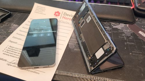 iPhone opened for screen and back-glass repair on the bench at Device Hero in Manor, TX