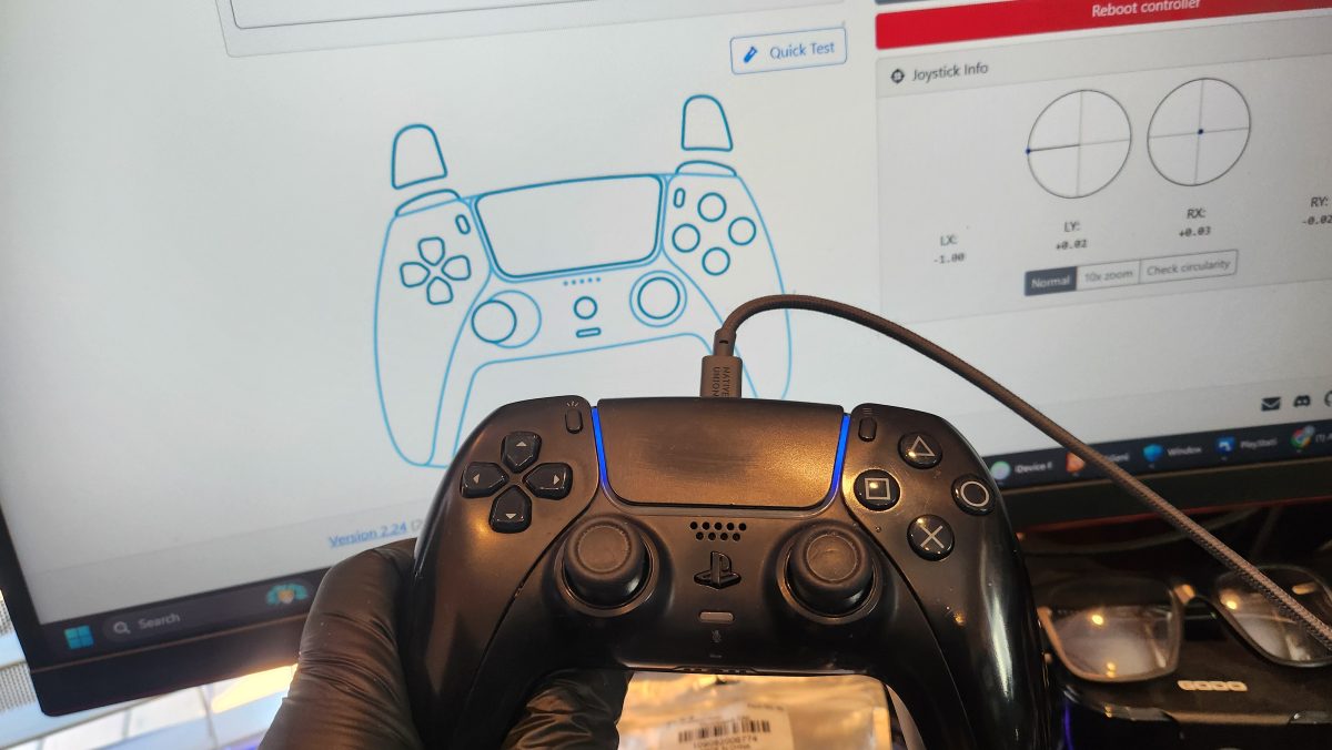 PS5 DualSense controller on a joystick drift test screen at Device Hero in Manor, TX