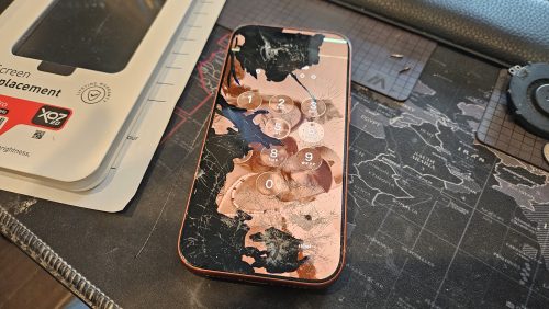 Water-damaged iPhone screen brought in for phone screen repair at Device Hero in Manor, TX