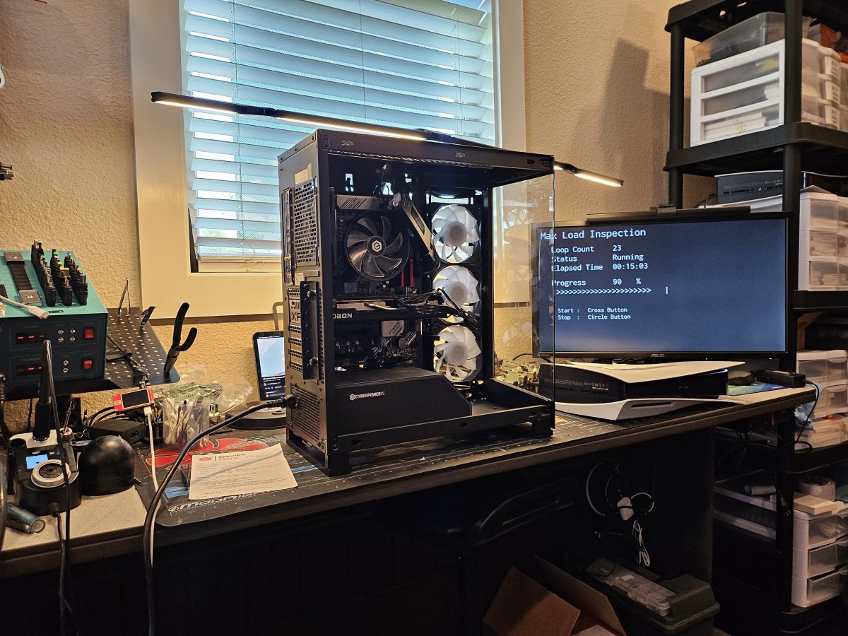 Custom gaming PC open on the bench for diagnostics and repair at Device Hero in Manor, TX