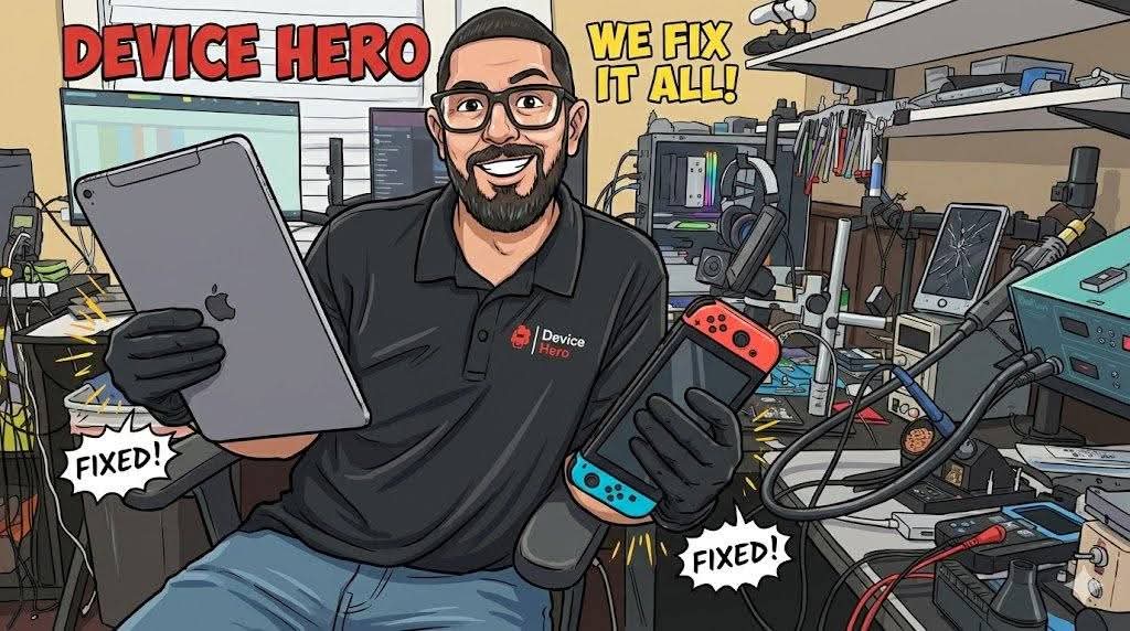Device Hero mascot holding Nintendo Switch Joy-Cons with a We Fix It All banner