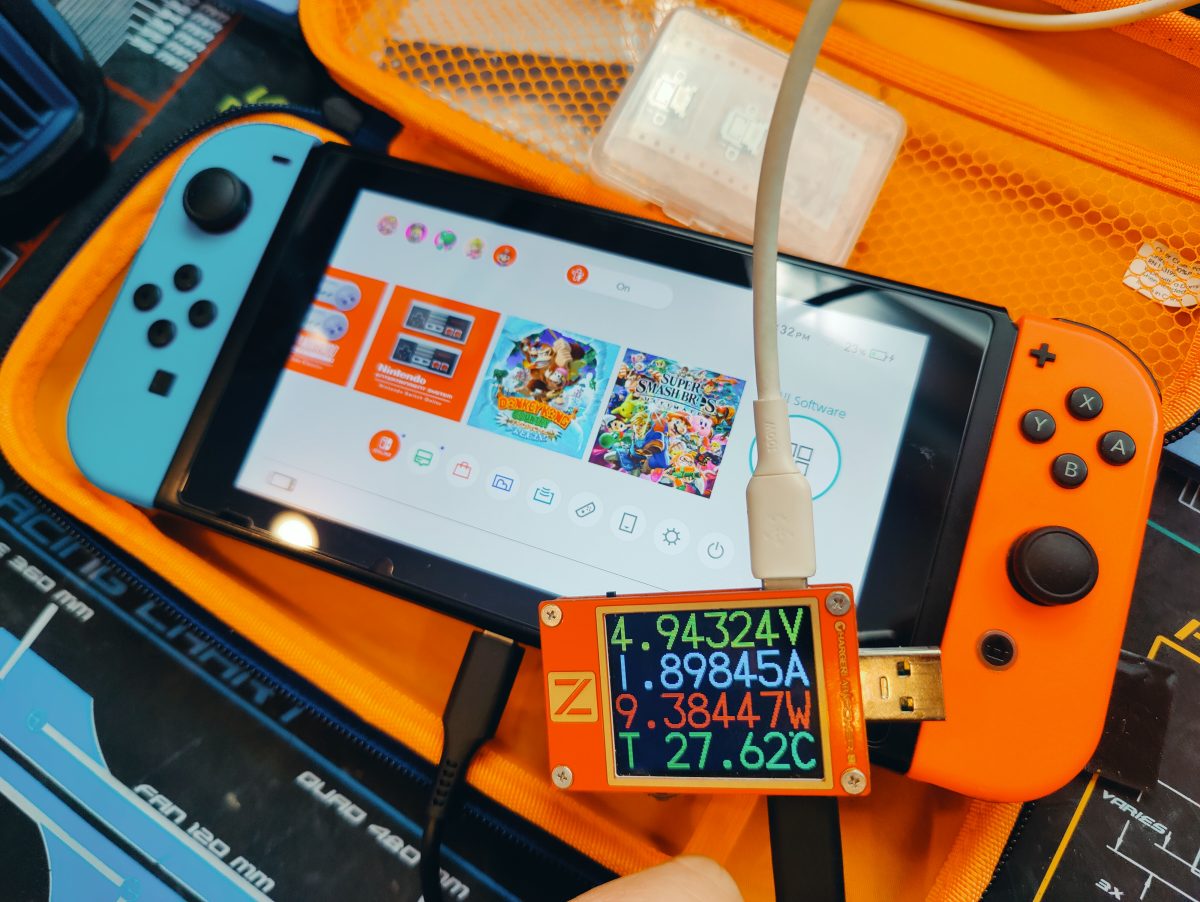 Nintendo Switch with a repaired screen showing the home menu at Device Hero in Manor, TX