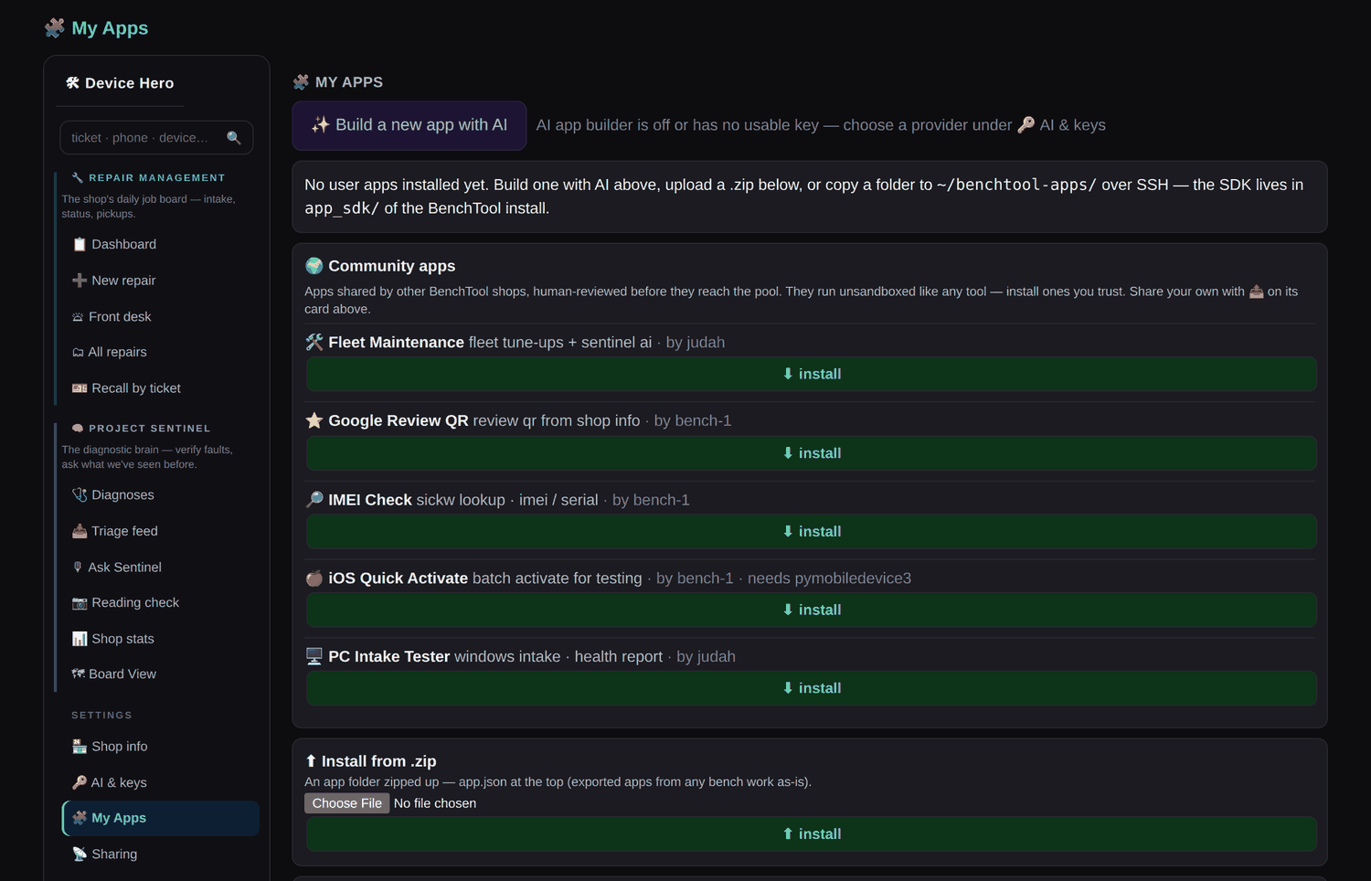 The My Apps page of the Hero Dashboard, listing five community apps: Fleet Maintenance, Google Review QR, IMEI Check, iOS Quick Activate and PC Intake Tester, each with an install button.