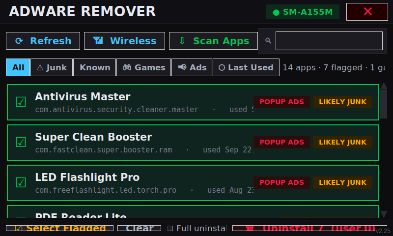 Adware Remover: 14 apps scanned, 7 flagged as pop-up adware and selected for removal